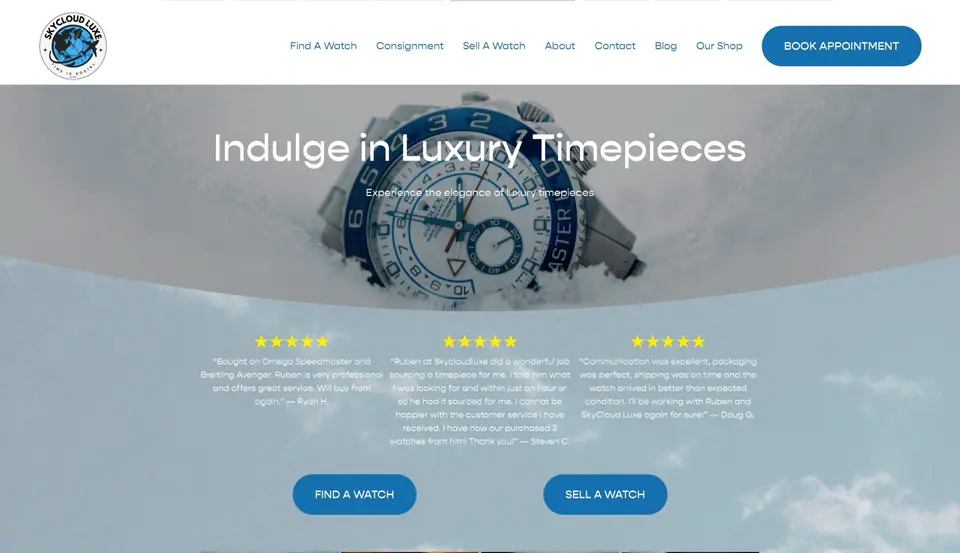 Homepage of a watch dealer website designed and built by Ezra Gonzalez