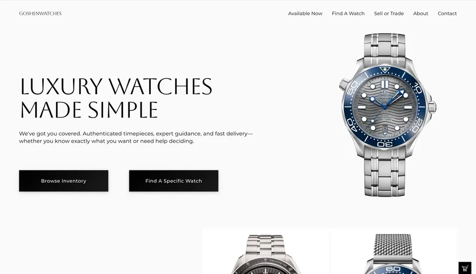 Homepage of a watch dealer website designed and built by Ezra Gonzalez