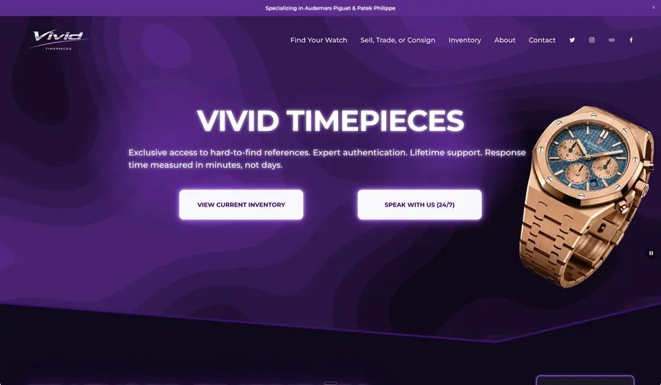 Homepage of a watch dealer website designed and built by Ezra Gonzalez
