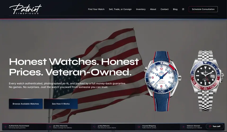 Homepage of a watch dealer website designed and built by Ezra Gonzalez