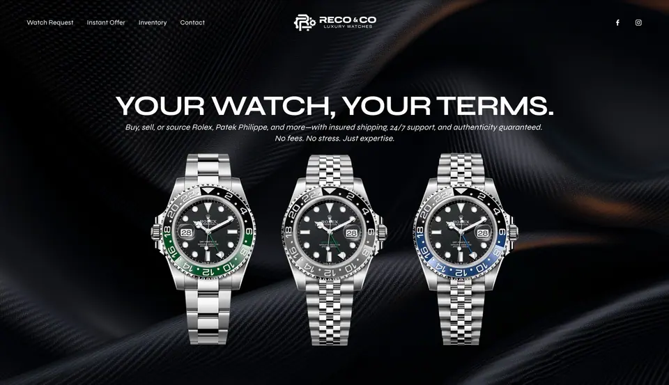Homepage of a watch dealer website designed and built by Ezra Gonzalez