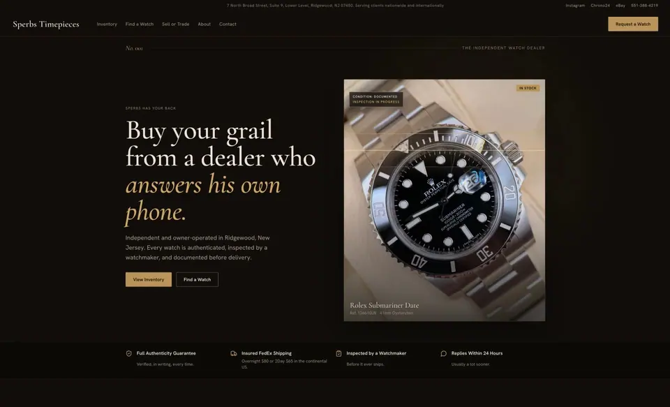 Homepage of a watch dealer website designed and built by Ezra Gonzalez