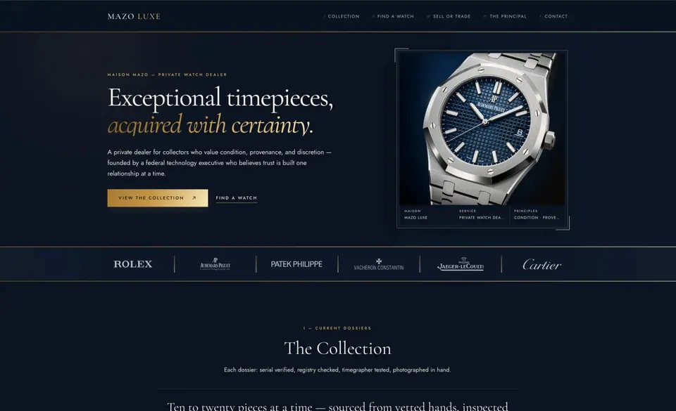 Homepage of a watch dealer website designed and built by Ezra Gonzalez