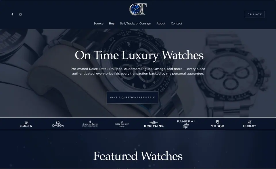 Homepage of a watch dealer website designed and built by Ezra Gonzalez
