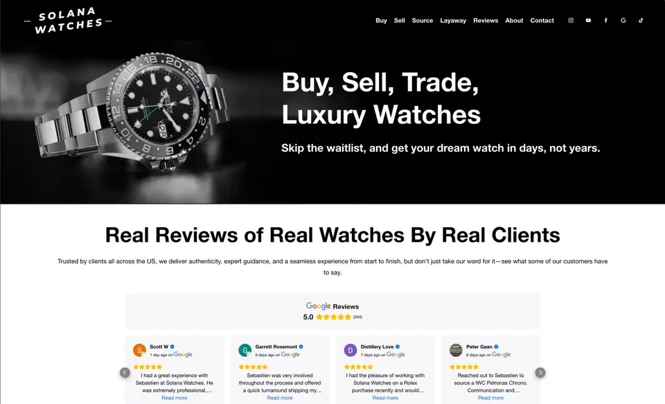 Homepage of a watch dealer website designed and built by Ezra Gonzalez