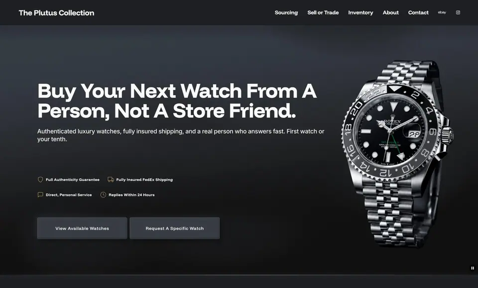 Homepage of a watch dealer website designed and built by Ezra Gonzalez