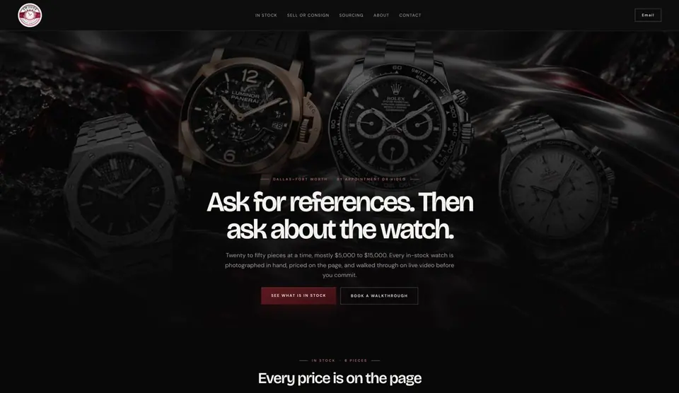 Homepage of a watch dealer website designed and built by Ezra Gonzalez